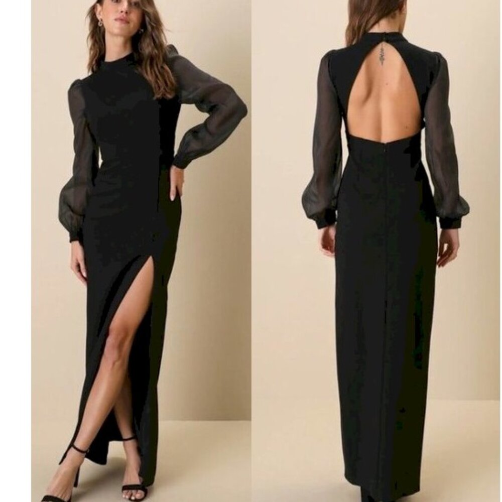 Lulus Seeking Sophistication Black Backless Mesh Sleeve Maxi Dress 1X New NWT